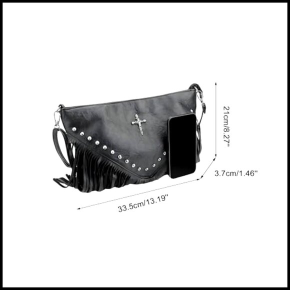Goth Punk Crossbody Bag Studded Rivet Fringe PU Leather Shoulder Purse - Picture 4 of 7